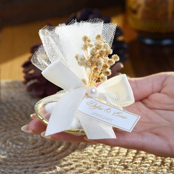 İnci ve Kurdele Detaylı Gold Metal Badem Şekerli Hediyelik