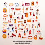 Müzik enstrümanları ve müzisyen çizimli 63 parça suya dayanıklı vinyl sticker seti
