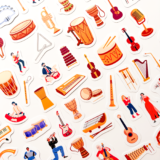 Müzik enstrümanları ve müzisyen çizimli 63 parça suya dayanıklı vinyl sticker seti