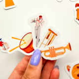 Müzik enstrümanları ve müzisyen çizimli 63 parça suya dayanıklı vinyl sticker seti