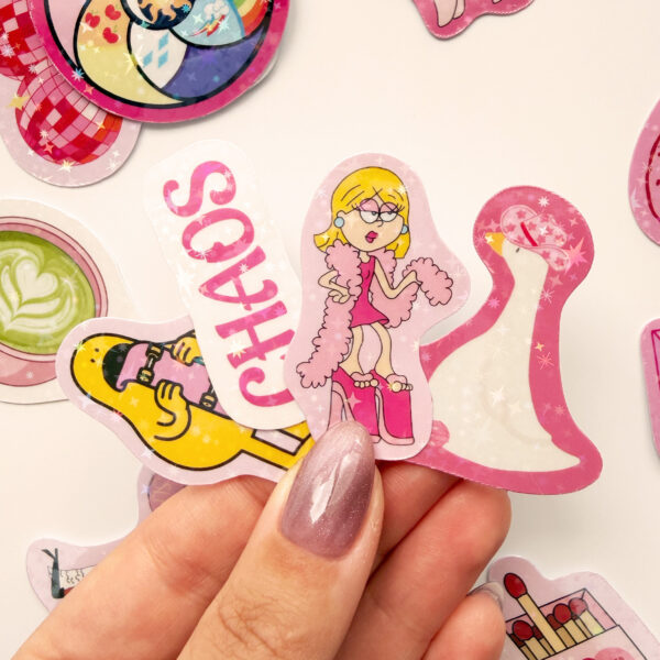 Pembe Renk Temalı Hologram Stickerlar 21 Adet Sticker Paketi Suya Dayanıklı Laptop Termos Telefon Etiket Seti
