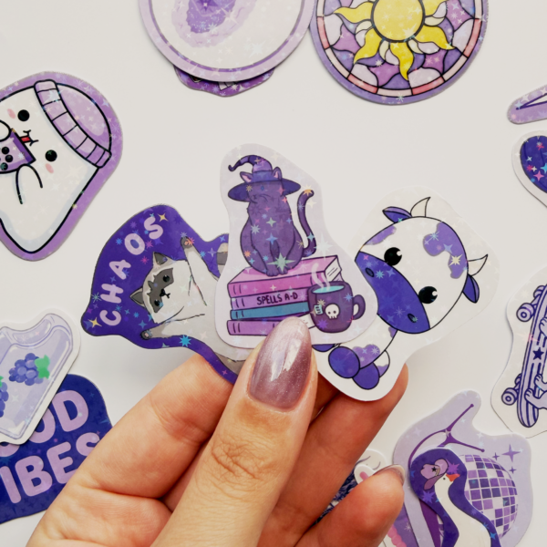 Mor Renk Temalı Hologram Stickerlar 21 Adet Sticker Paketi Suya Dayanıklı Laptop Termos Telefon Etiket Seti