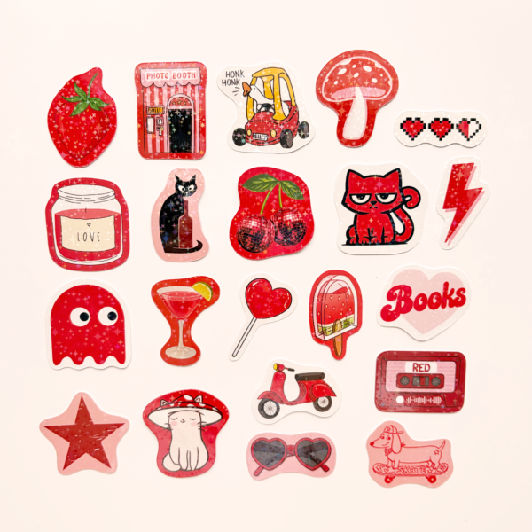 Kırmızı Renk Temalı Hologram Stickerlar 21 Adet Sticker Paketi Suya Dayanıklı Laptop Termos Telefon Etiket Seti