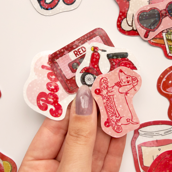 Kırmızı Renk Temalı Hologram Stickerlar 21 Adet Sticker Paketi Suya Dayanıklı Laptop Termos Telefon Etiket Seti