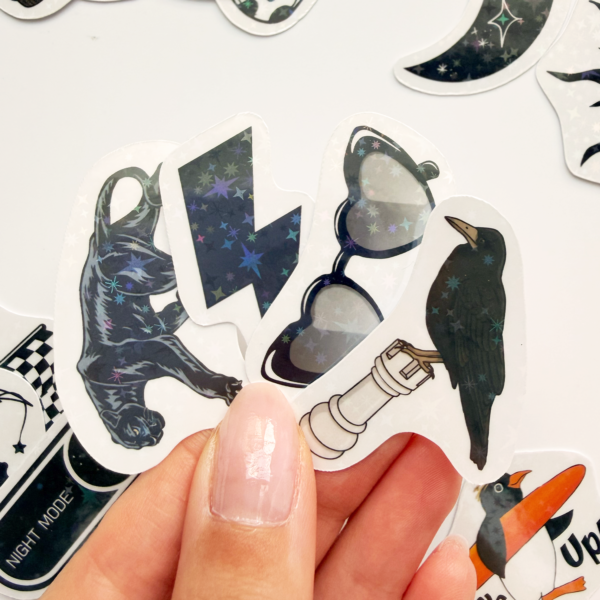 Siyah Renk Temalı Hologram Stickerlar 21 Adet Sticker Paketi Suya Dayanıklı Laptop Termos Telefon Etiket Seti