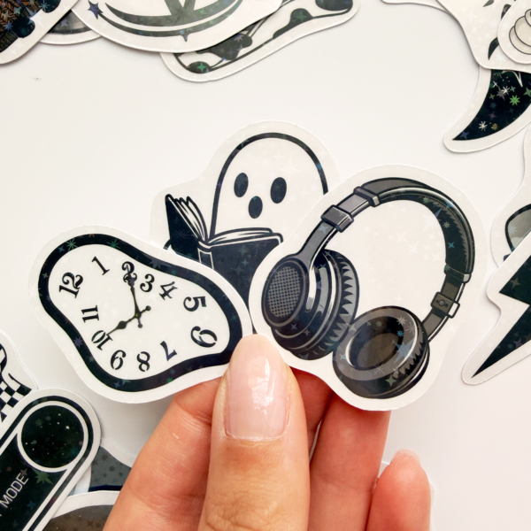 Siyah Renk Temalı Hologram Stickerlar 21 Adet Sticker Paketi Suya Dayanıklı Laptop Termos Telefon Etiket Seti