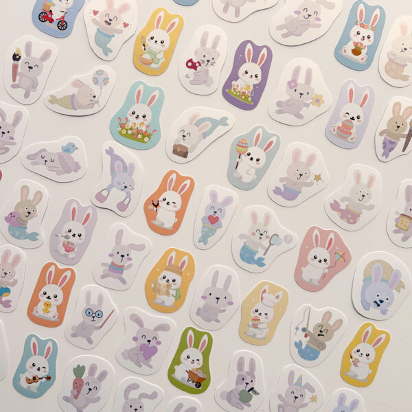 Tavşanlar 60 adet suya dayanıklı parlak vinil sticker paketi