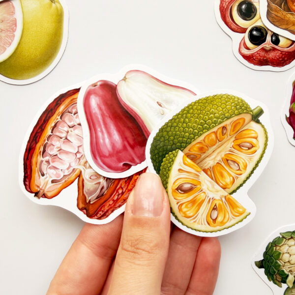 Tuhaf Meyveler sticker seti, egzotik meyve çizimleri içeren vinil etiketler
