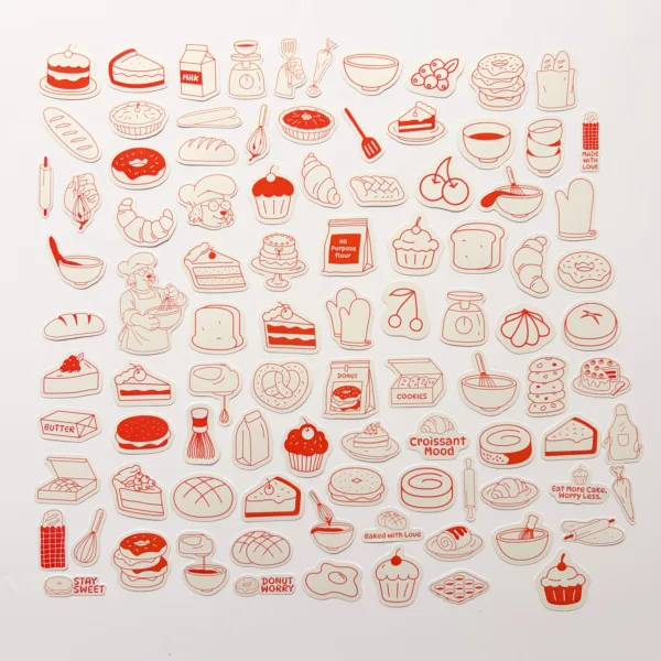 Pastane ve pastacılık temalı 94 adet kruvasan, kek, donut ve pastacı karakterli sticker paketi