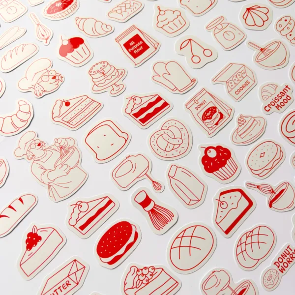 Pastane ve pastacılık temalı 94 adet kruvasan, kek, donut ve pastacı karakterli sticker paketi