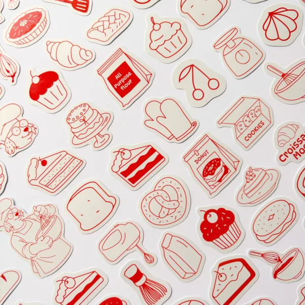 Pastane ve pastacılık temalı 94 adet kruvasan, kek, donut ve pastacı karakterli sticker paketi