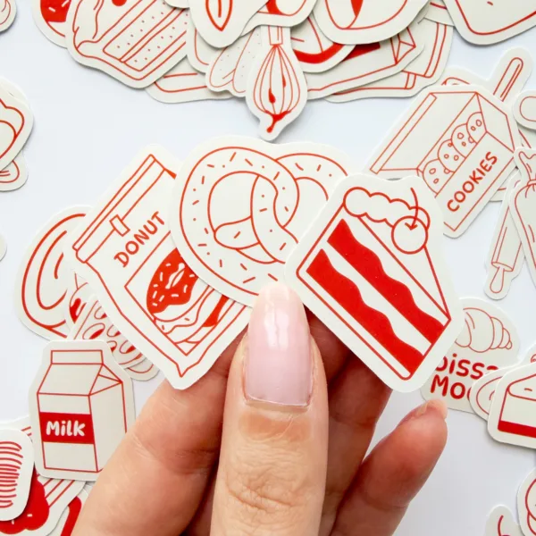 Pastane ve pastacılık temalı 94 adet kruvasan, kek, donut ve pastacı karakterli sticker paketi