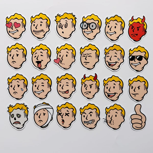 Fallout Vault-Boy temalı 23 parçalık suya dayanıklı vinil sticker paketinin beyaz zeminde sergilenmiş hali