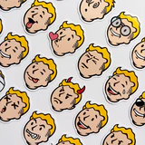 Fallout Vault-Boy temalı 23 parçalık suya dayanıklı vinil sticker paketinin beyaz zeminde sergilenmiş hali