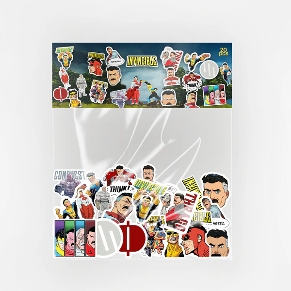 Invincible çizgi dizi karakterlerinin bulunduğu 20 parça suya dayanıklı sticker seti