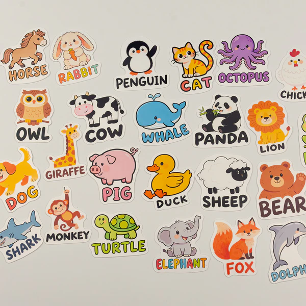 İngilizce hayvanlar sticker paketi 25 parça suya dayanıklı parlak vinil etiket seti