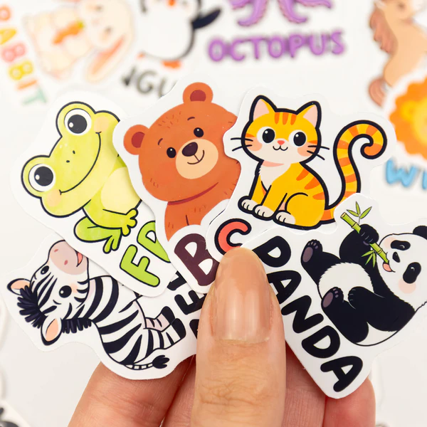 İngilizce hayvanlar sticker paketi 25 parça suya dayanıklı parlak vinil etiket seti