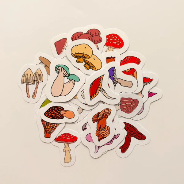 Renkli Mantarlar 30 parça suya dayanıklı parlak vinil sticker seti