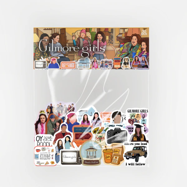 Gilmore Girls temalı 30 parça suya dayanıklı vinyl sticker seti, parlak vinil, laptop ve termos üzerinde gösterim