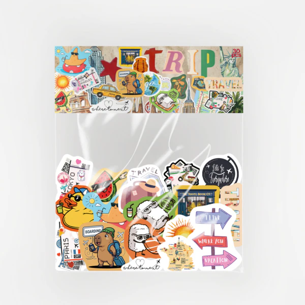 Tatil ve seyahat temalı 30 parça suya dayanıklı vinil sticker paketi