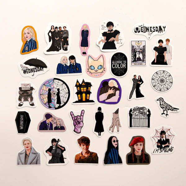 Wednesday 30 parça suya dayanıklı parlak vinil sticker seti