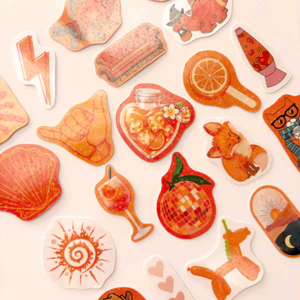Turuncu renk temalı yıldız desenli hologram sticker paketi 21 adet