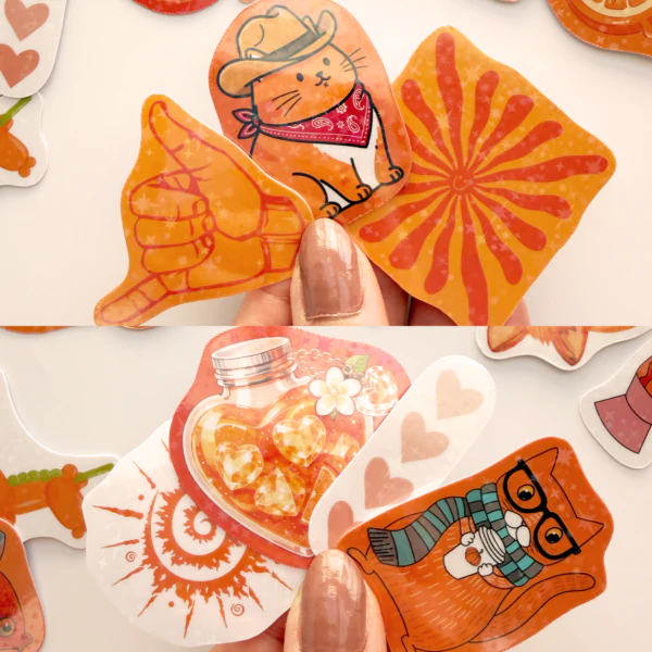 Turuncu renk temalı yıldız desenli hologram sticker paketi 21 adet