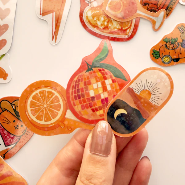 Turuncu renk temalı yıldız desenli hologram sticker paketi 21 adet