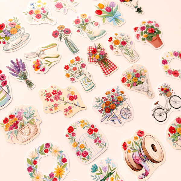 Baprile çiçek buketleri ve vazolar temalı 30 adet vinil sticker paketi