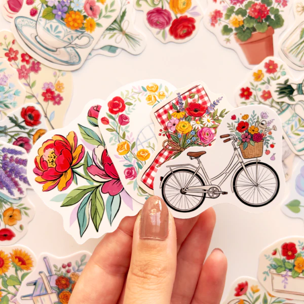 Baprile çiçek buketleri ve vazolar temalı 30 adet vinil sticker paketi