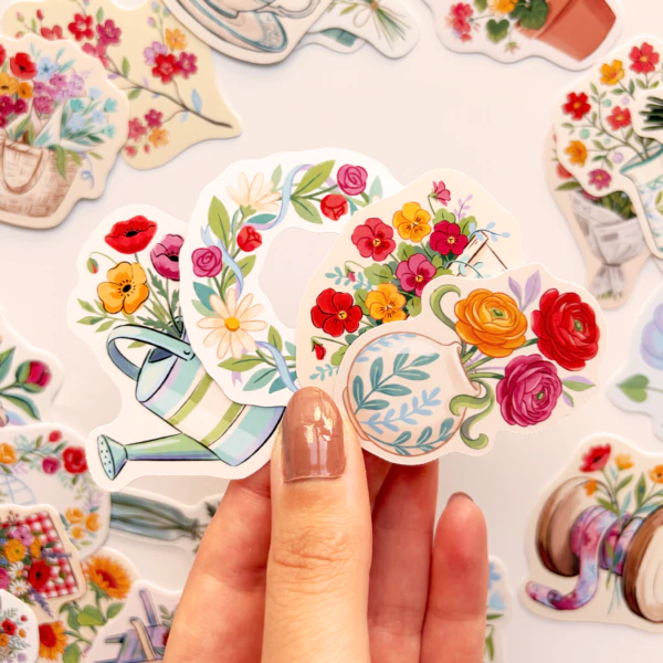 Baprile çiçek buketleri ve vazolar temalı 30 adet vinil sticker paketi