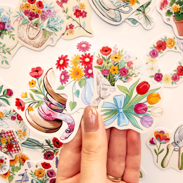 Baprile çiçek buketleri ve vazolar temalı 30 adet vinil sticker paketi
