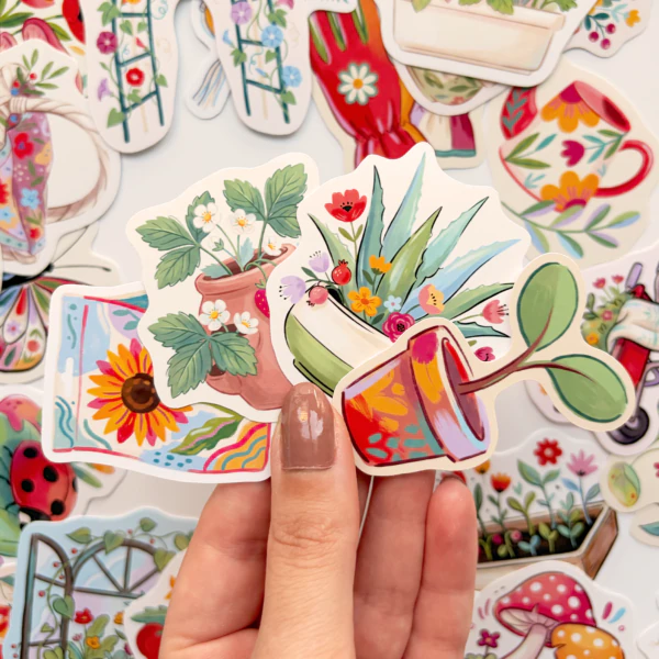 Bitkiler saksılar ve bahçe dostları 30 adet suya dayanıklı vinil sticker paketi