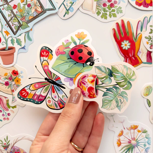 Bitkiler saksılar ve bahçe dostları 30 adet suya dayanıklı vinil sticker paketi