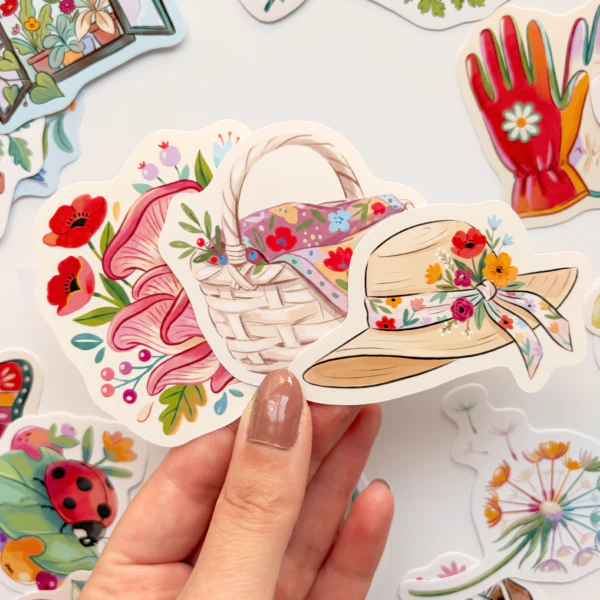 Bitkiler saksılar ve bahçe dostları 30 adet suya dayanıklı vinil sticker paketi