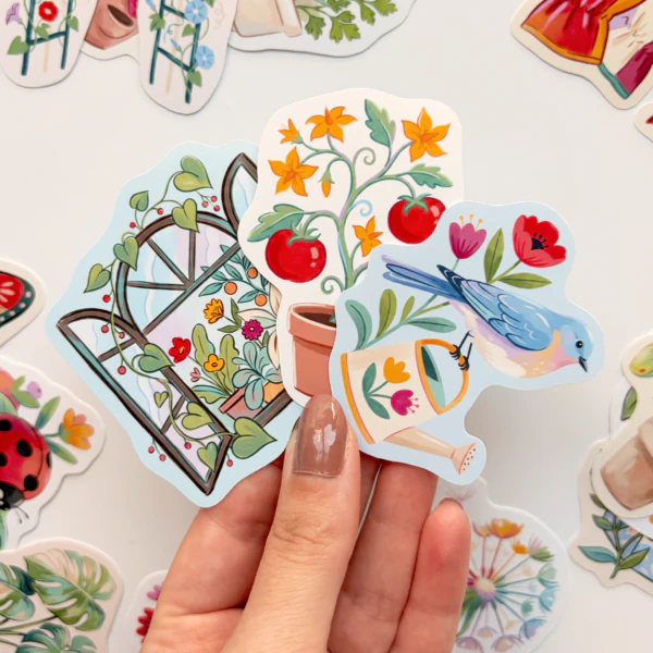 Bitkiler saksılar ve bahçe dostları 30 adet suya dayanıklı vinil sticker paketi