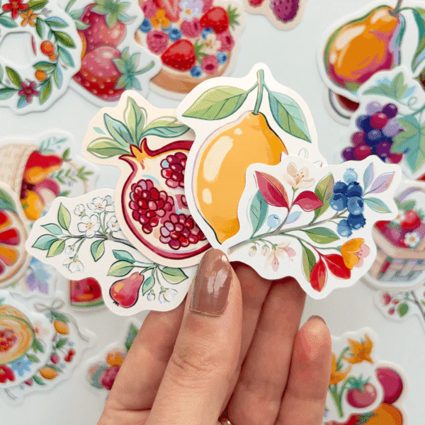 Meyveler ve çiçekler illüstrasyonlu 30 adet suya dayanıklı sticker paketi